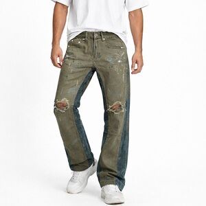 THRT men’s Distressed Patchwork Jeans Olive Green Size 30 Streetwear corduroy